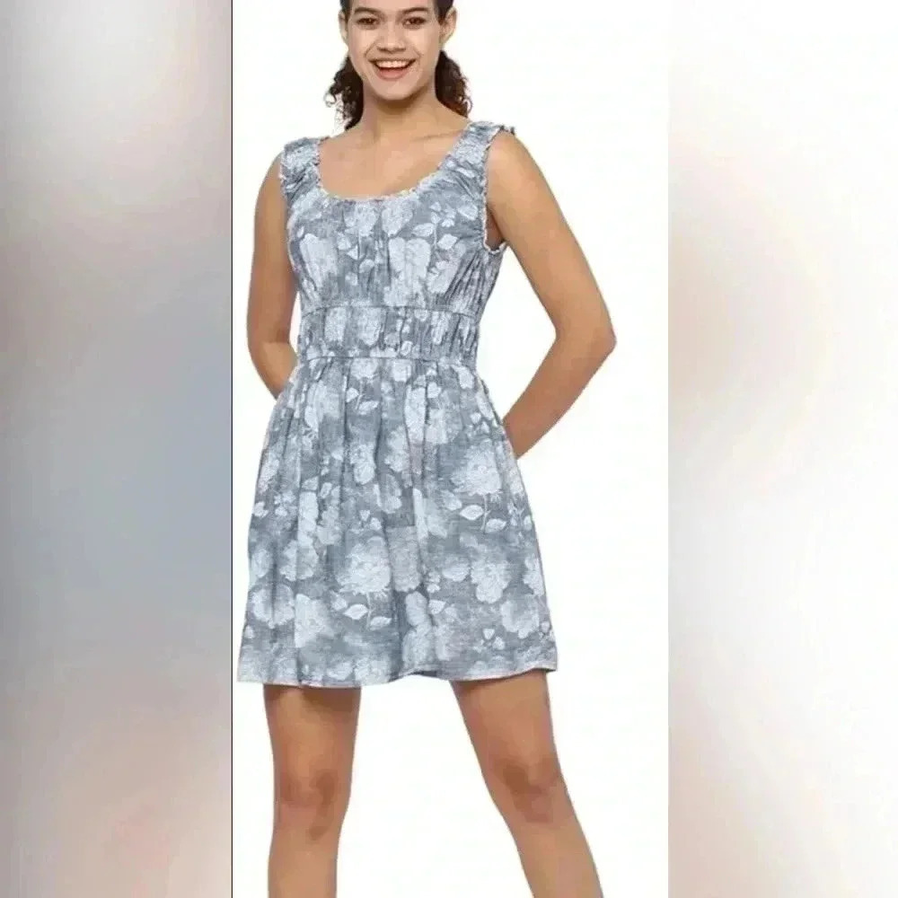 American Eagle A Line Mini Dress Blue Floral 100% Cotton Size Medium NWT